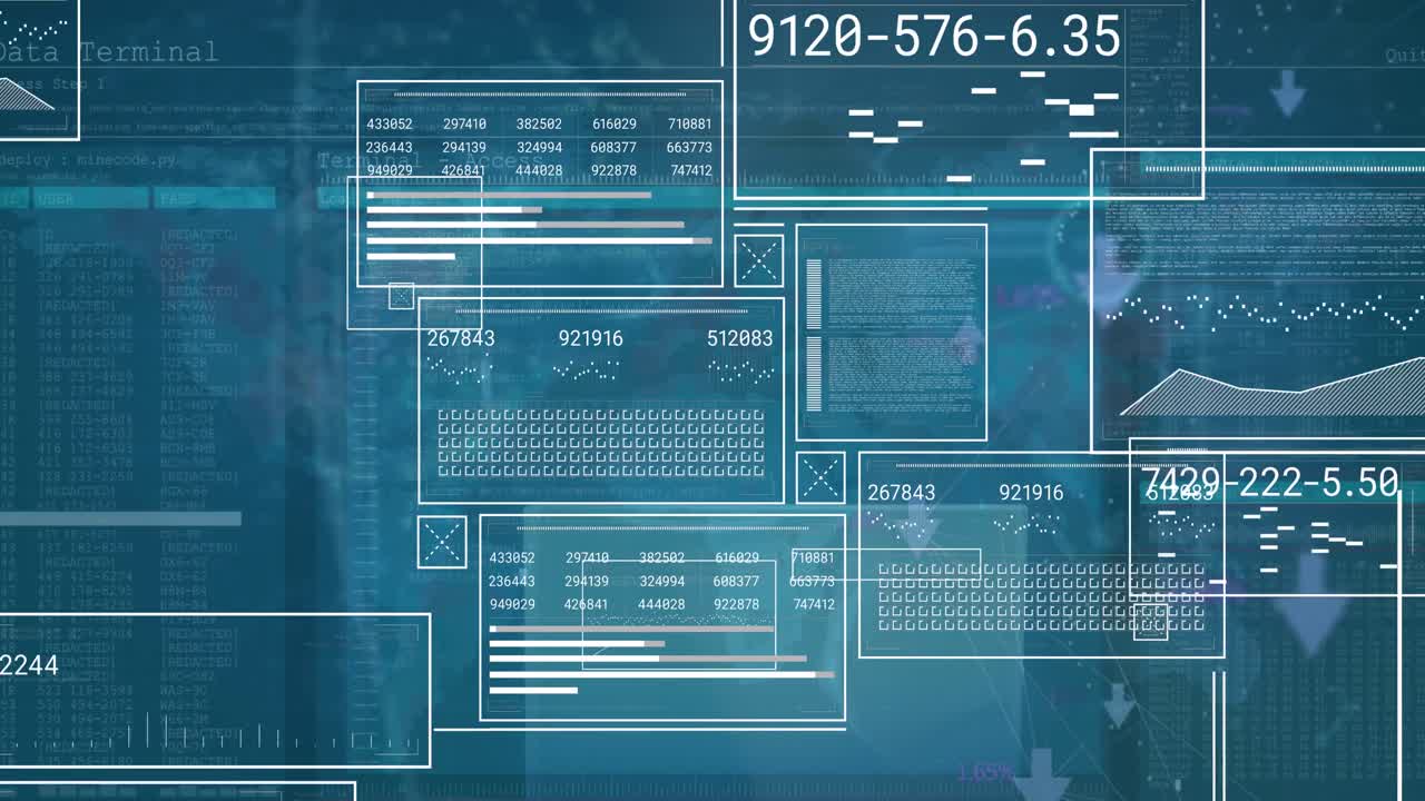 Animation of digital interface and data processing over blue background