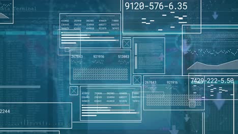 animation of digital interface and data processing over blue background