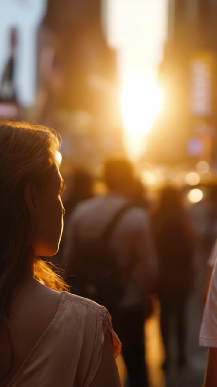 Una mujer paseando a través del encantador resplandor del atardecer en una calle bulliciosa, capturando la esencia de la vida urbana y la belleza del crepúsculo.