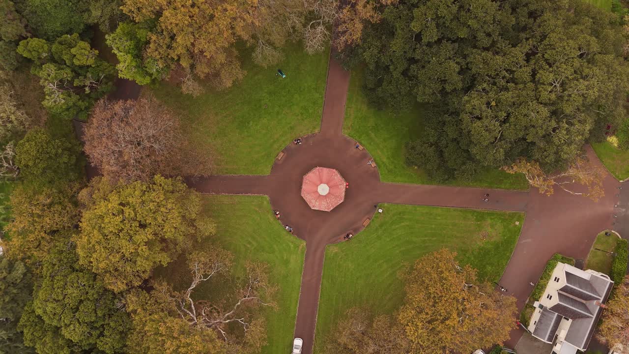 Albert Park, symmetrical design, fountain, people, Auckland, New Zealand. Aerial top-down orbiting