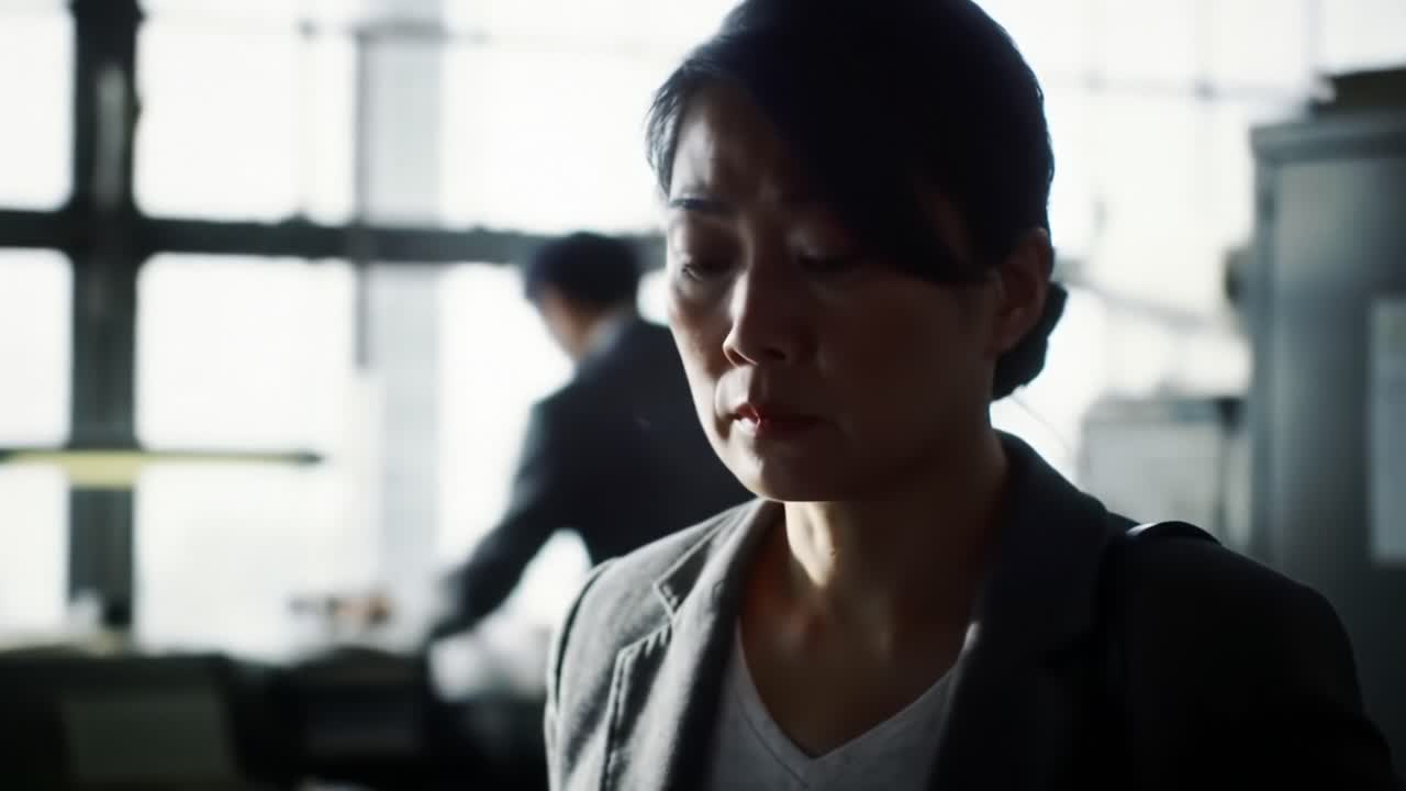 A Pensive Figure Engaged in a Task, Surrounded by Dim Light and Shadows, Reflecting on an Important Decision in a Quiet Workspace Environment