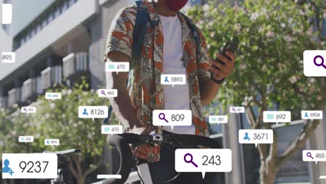 animation of notification labels over african american man walking with bicycle and using cellphone