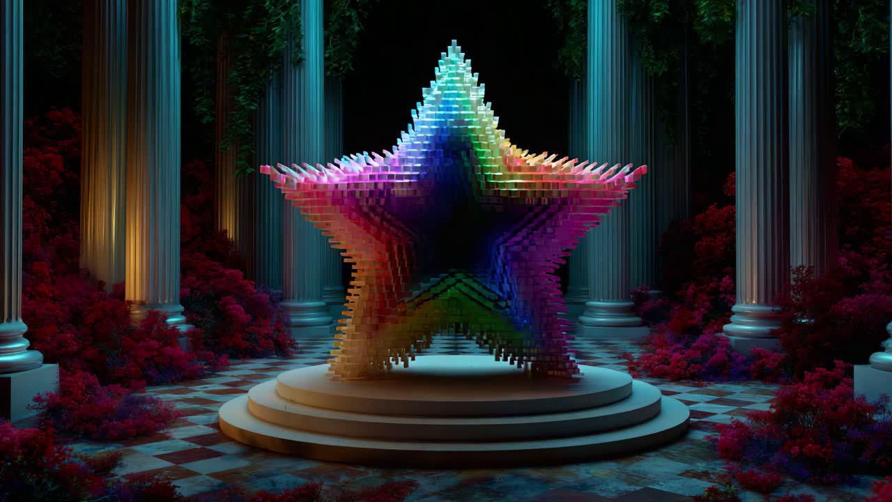 Una scultura a forma di stella dai colori vivaci e multi-dimensionale risplende in un ambiente surreale, circondata da una flora lussureggiante e grandiose colonne classiche, creando un'accattivante esposizione visiva di luce e forma