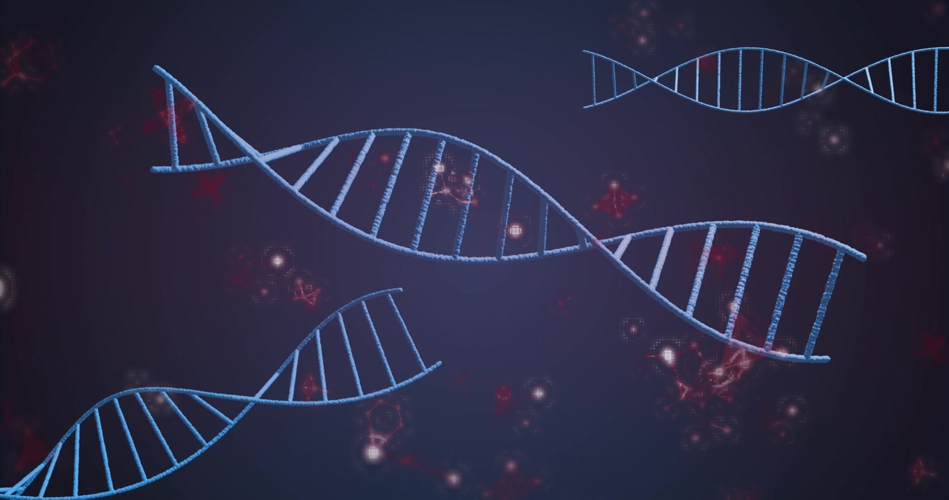 Animazione di DNA e strutture molecolari che fluttuano su sfondo blu