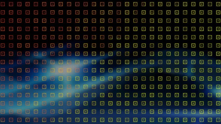 Animation of rows of spinning abstract shapes over digital screens