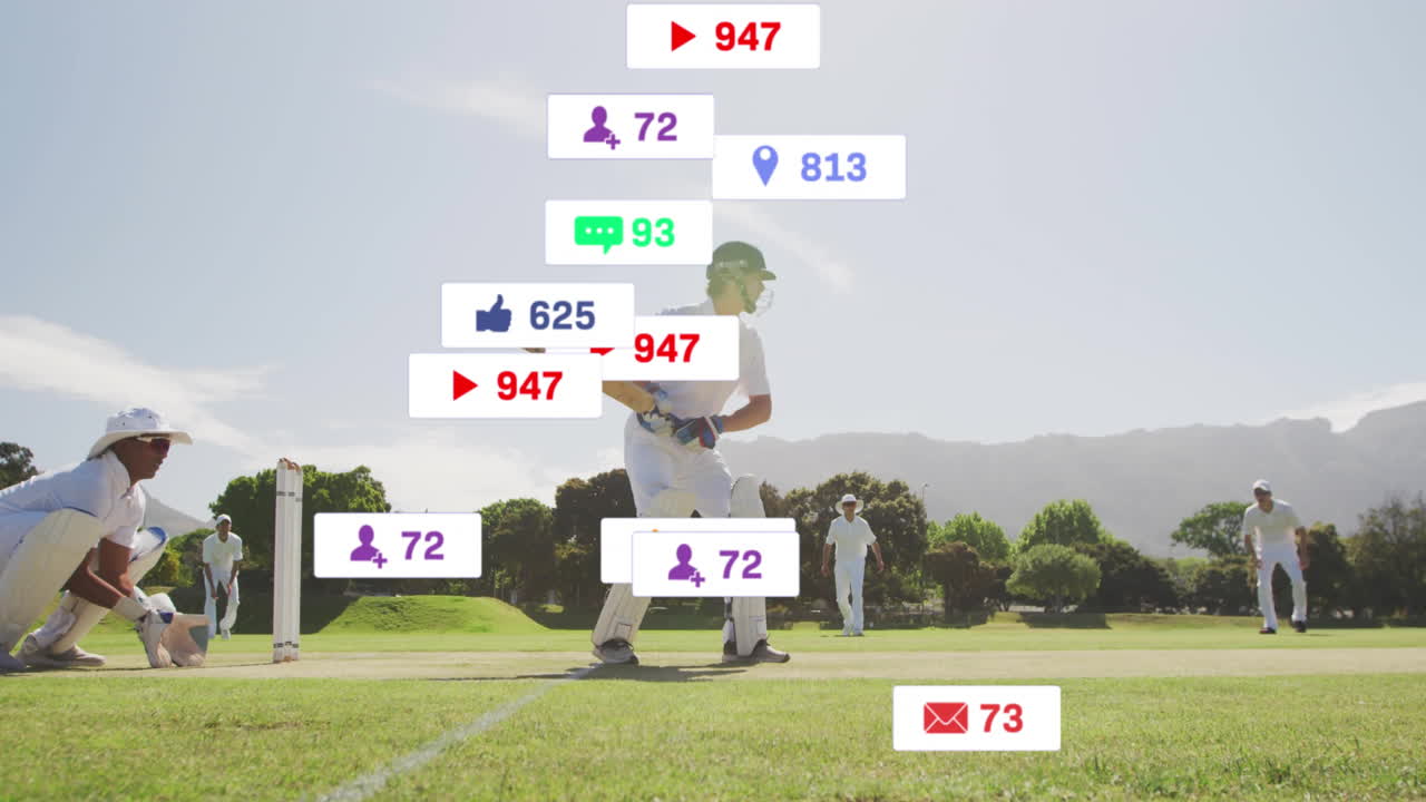 필드에서 다양한 크리켓 선수에 대한 디지털 데이터 처리의 애니메이션