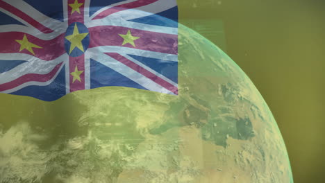 animation of flag of niue, interface screens and data processing over globe in space