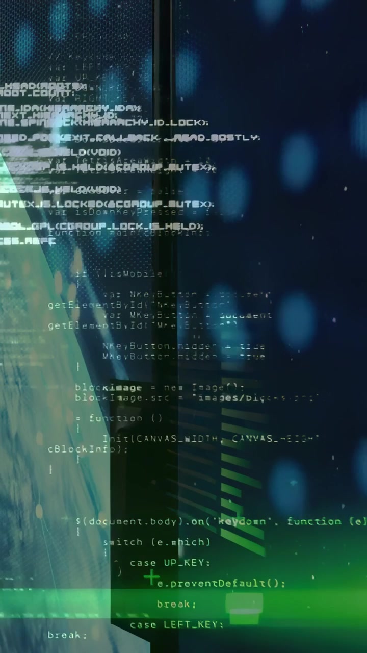 Vertical video: Green beam sweeping split screen showing code and markers over planet for tech HUD