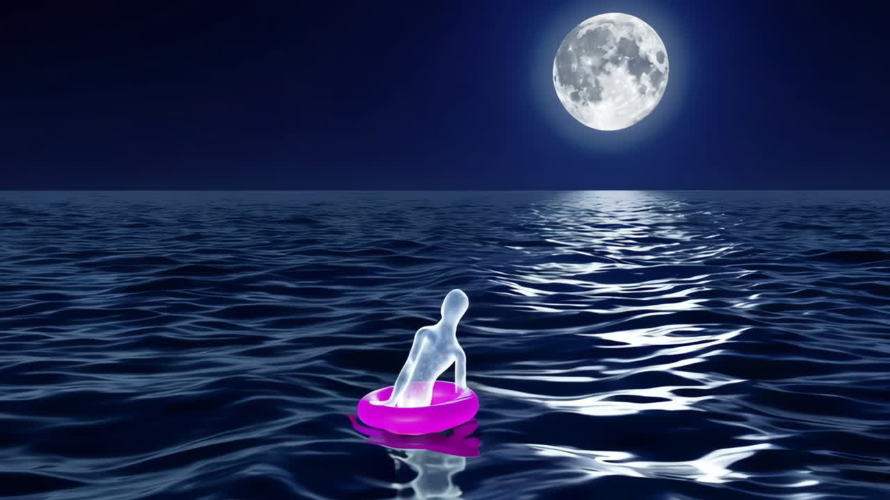 Translucent Figure on Inflatable Ring in Moonlit Ocean
