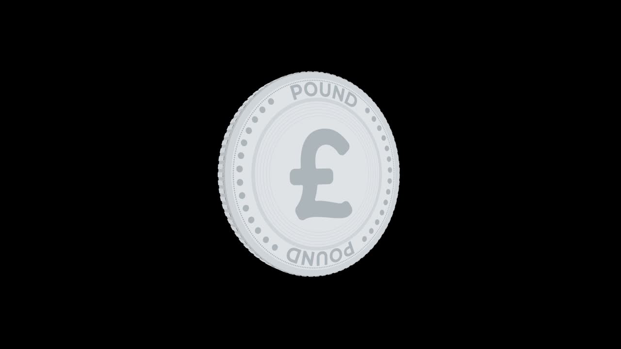 Spinning silver pound coin isolated on black and green background. 4k