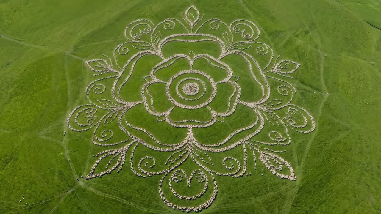 Vista aerea di pecore che formano un grande disegno a forma di rosa in un campo verde