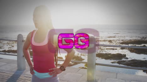 6g-text-banner-against-african-american-fit-woman-performing-exercise-on-the-promenade