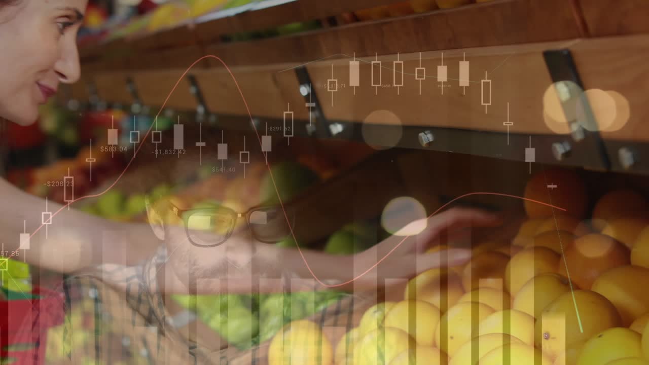 Animación de procesamiento de datos sobre una mujer caucásica en una tienda