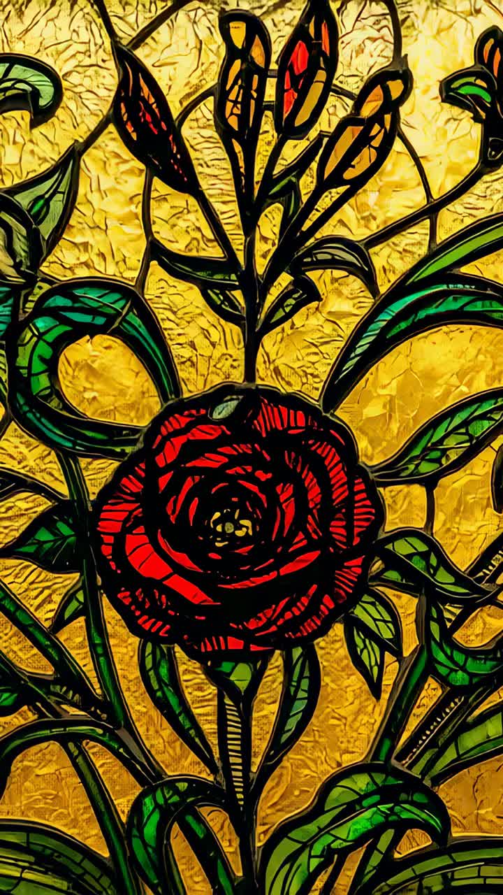 Video verticale: panoramica iniziale della telecamera su un pannello di vetro piombato, che rivela una rosa rossa e boccioli, retroilluminati