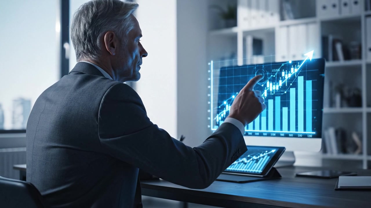 En professionel forretningsmand analyserer digitale finansielle data på en tablet, mens han sidder ved et skrivebord på et moderne kontor, hvilket viser avanceret teknologiintegration