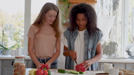 Black-girl-and-caucasian-young-woman-cooking-a-vegan-recipe-by-slicing-red-peppers.-Two-female-friends-talk-and-laugh-in-the-kitchen.-Medium-shot.
