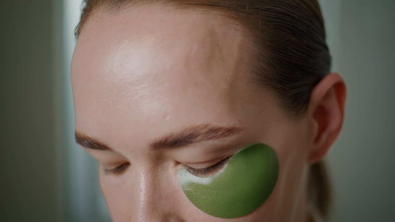 Closeup woman removing patches under eyes. Relaxed model doing skincare therapy