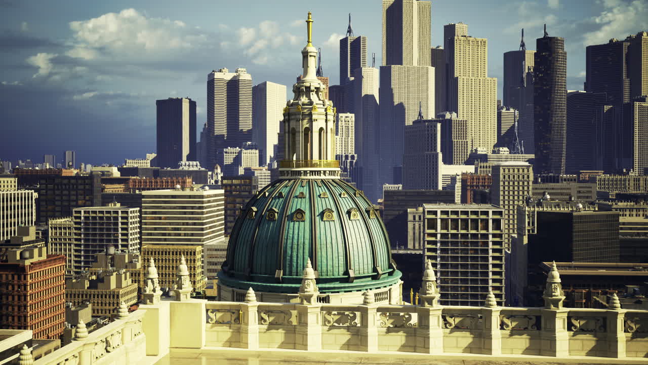 City skyline with dome structure under clear blue sky during daylight