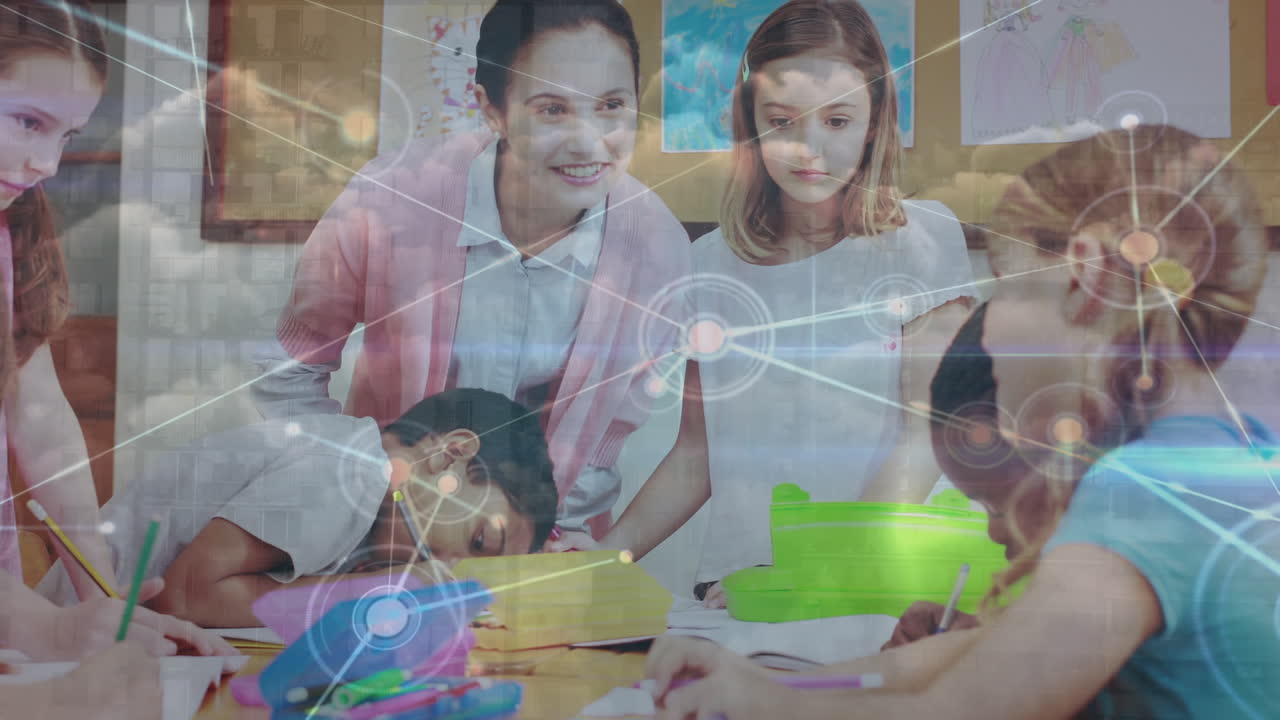 animación de la red de conexiones y nubes sobre el maestro y la clase de alumnos diversos