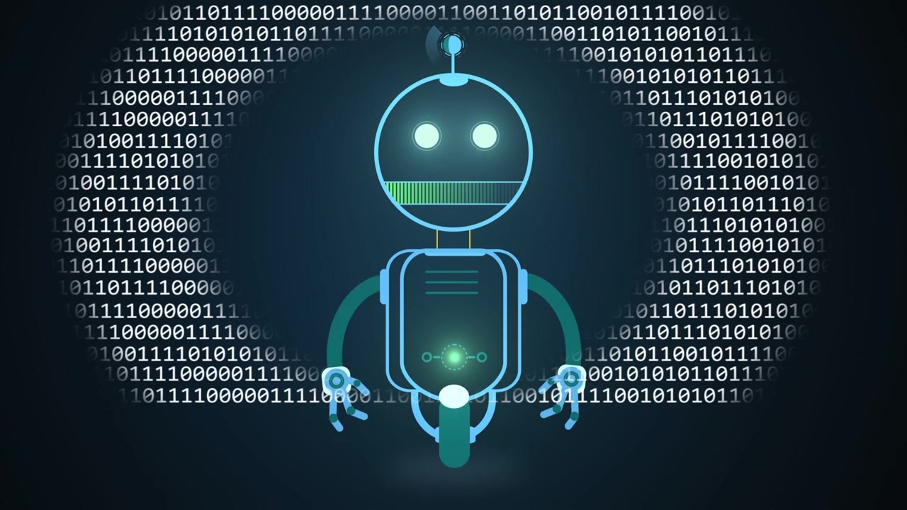 Cyan robot, binary ring appearing behind, switching eyes, chest pulsing, progress bar showing data