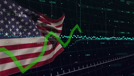 animation of graphs and data processing over flag of america on black background