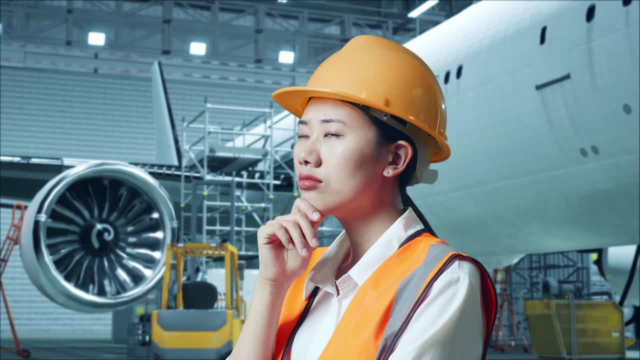 안전 헬을 입은 아시아 여성 엔지니어가 거에 있는 항공기와 함께 서서 무언가를 생각하고 항공기 유지 보수 중에 주변을 둘러보고 있습니다.