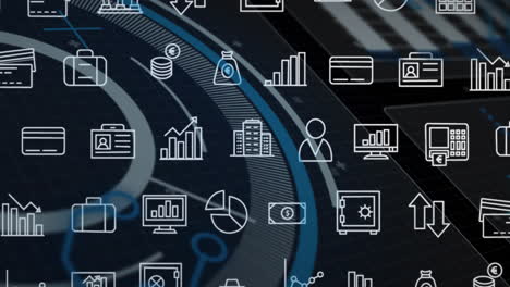 animation of grid of business icons over circular scanner processing data on black background