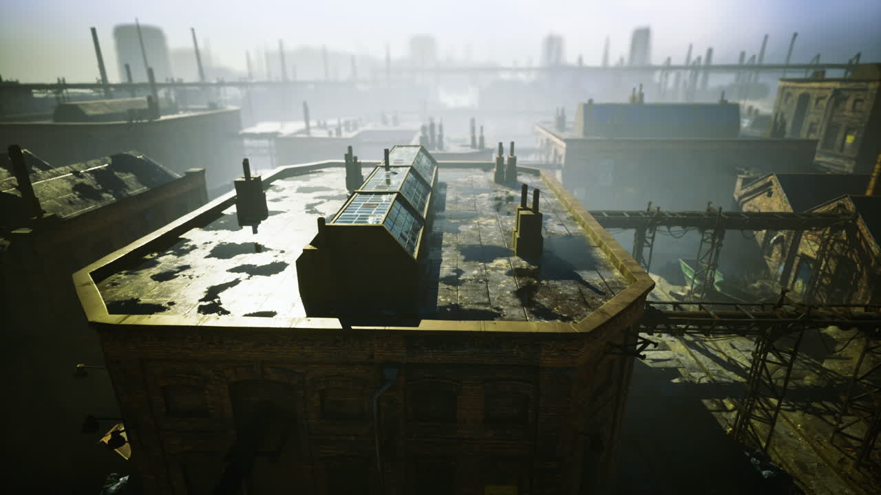 Desolate rooftops amidst a foggy urban landscape at dawn
