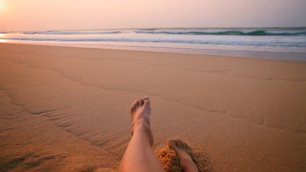 Feet Buried in Sand on a Beach at Sunset
