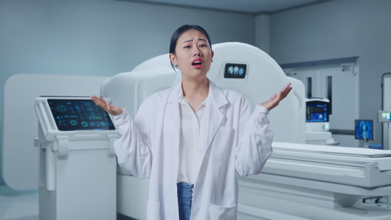 Asian Woman Doctor Showing Puzzled Gesture And Saying What With Mri Machine In The Hospital