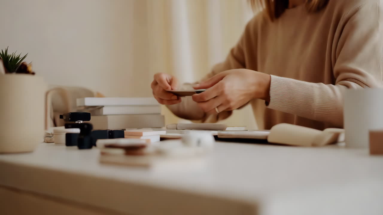 Person organizing items on a modern desk