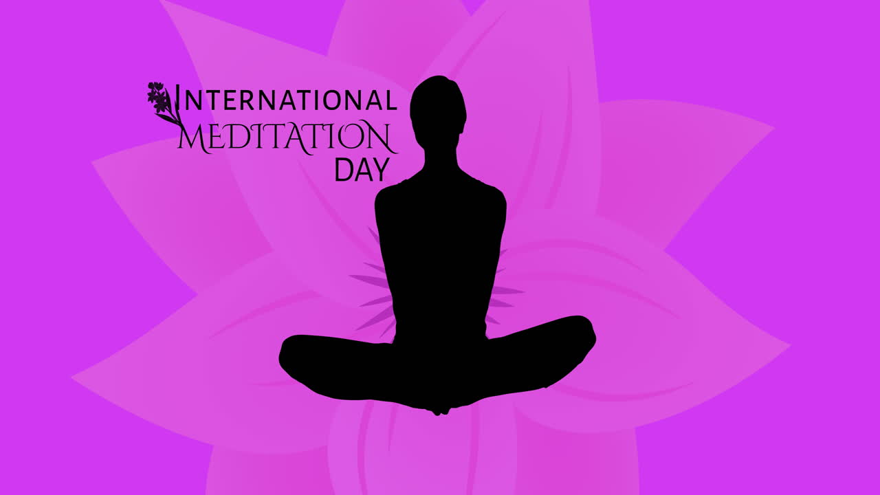 보라색 바탕에 명상하는 여성의 실루 ⁇ 과 함께 국제 명상 날 텍스트의 애니메이션