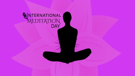 animation of international meditation day text with woman meditating silhouette on purple background