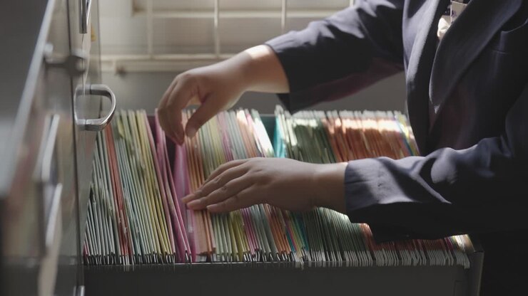 Female staff searching for documents in the office filing cabinet