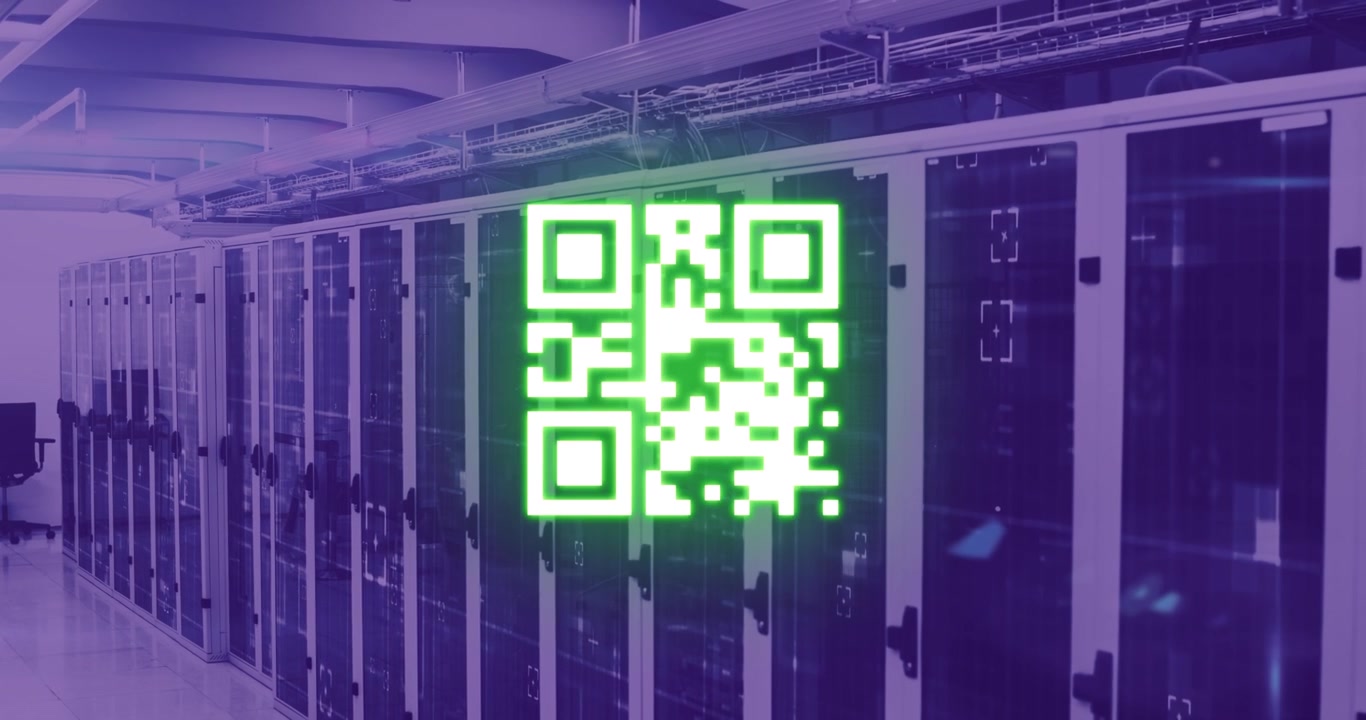Glowing QR Code Appearing in a Modern Data Center Server Room