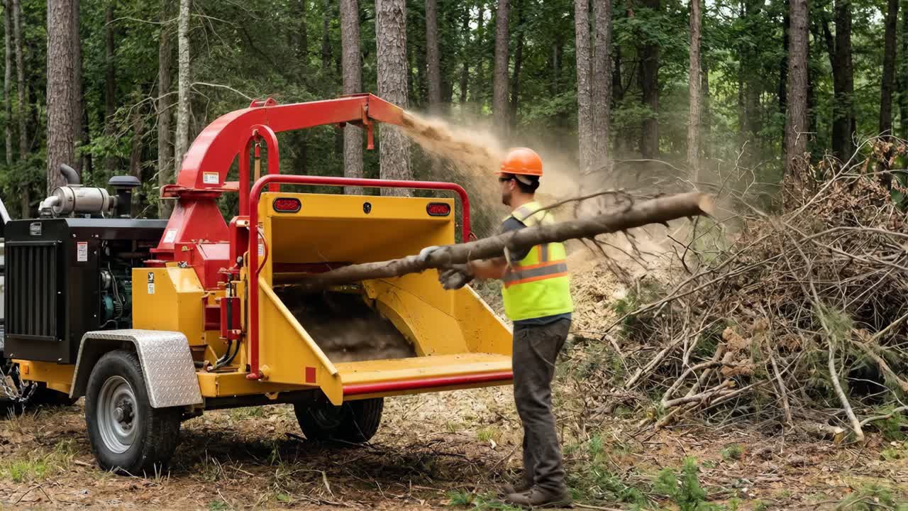 Man Feeding Large Tree Branch into a Wood Chipper in Forest