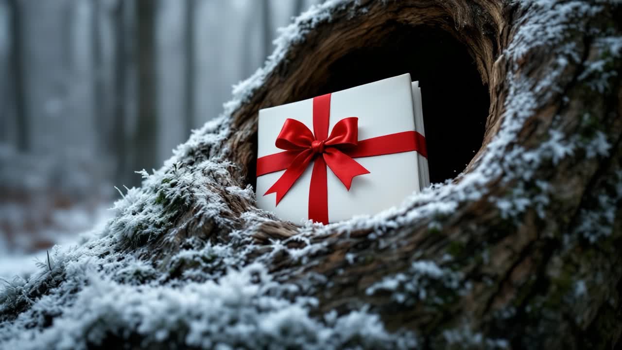 Gift Box in a Snowy Hollow Tree Trunk in Winter Forest
