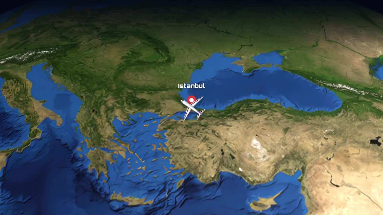 Et ikon av et kommersielt fly reiser over en 3D-globus fra Istanbul til Dallas, Texas.