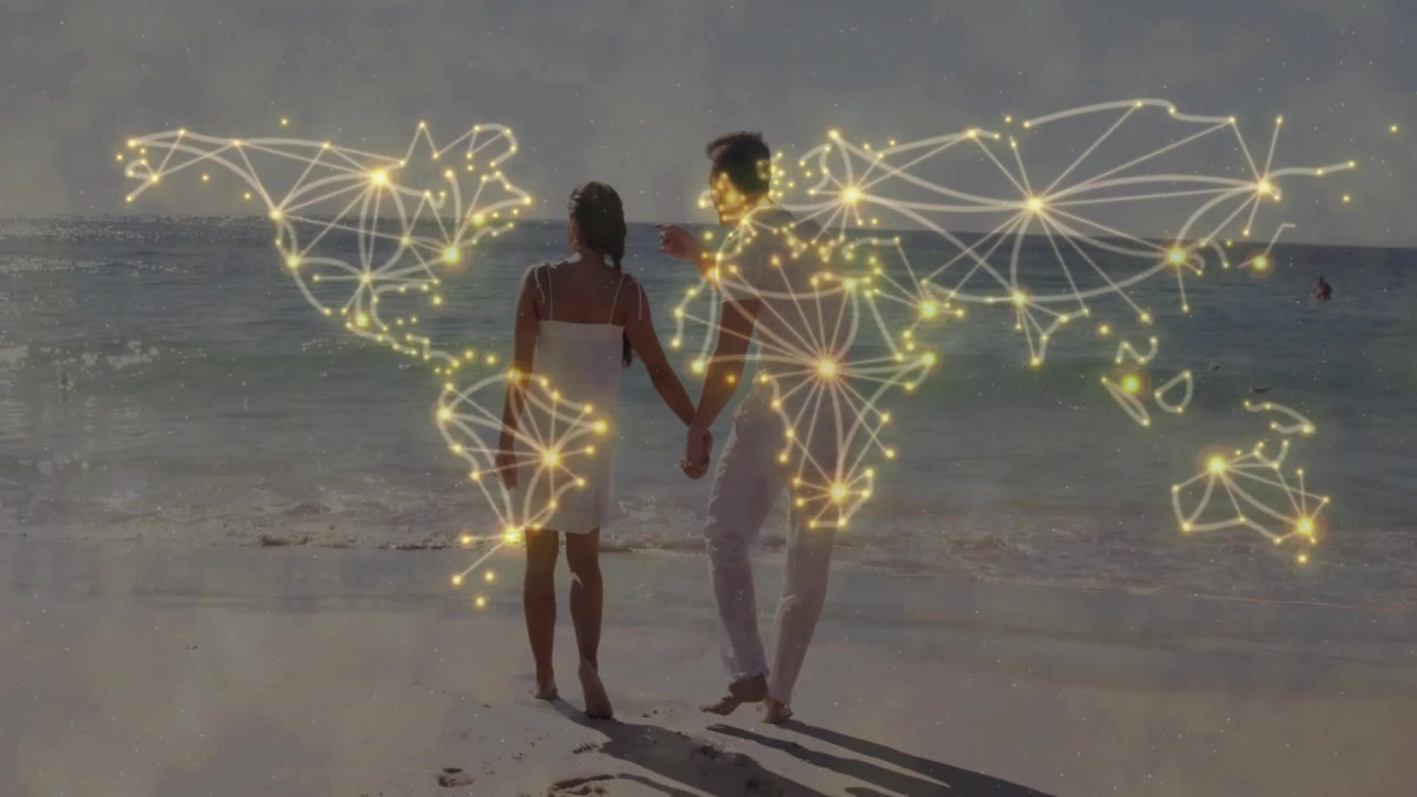 Pair holding hands walking to sea woman pointing glowing points clustering into world map for tour