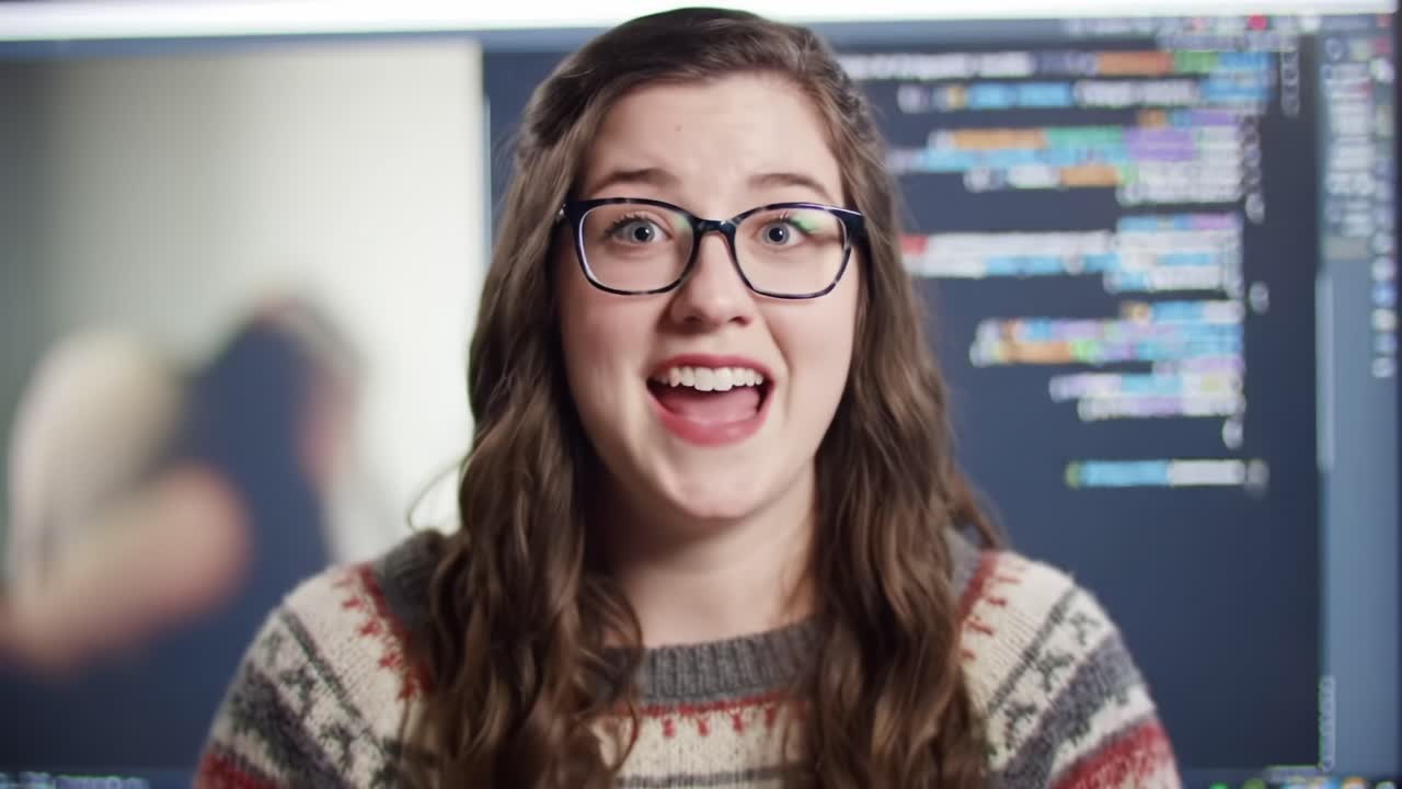 Engaging Tutorial about Coding and Digital Technology Featuring a Cheerful Instructor in Front of Programming Background Illustrating Key Concepts in Software Development