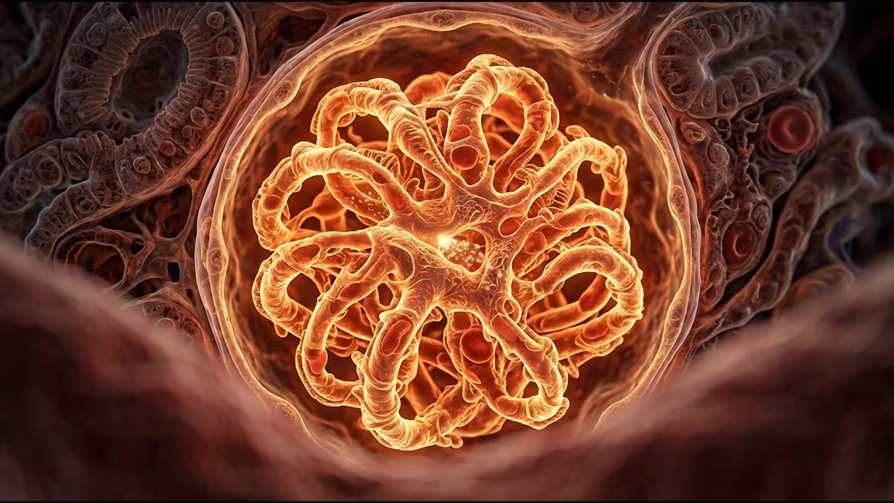 Dettagliate e dense spirali cellulari arancioni che formano un esemplare organico circolare