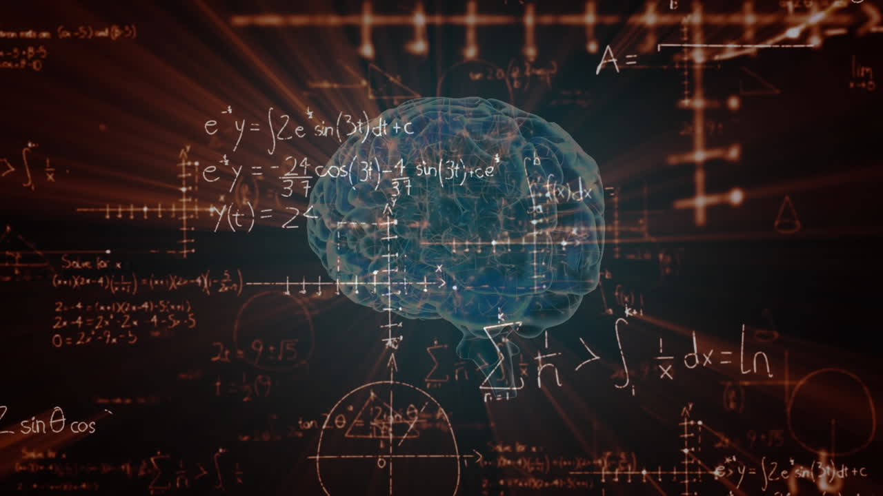 Animation of mathematical equations over digital model of human brain on black background