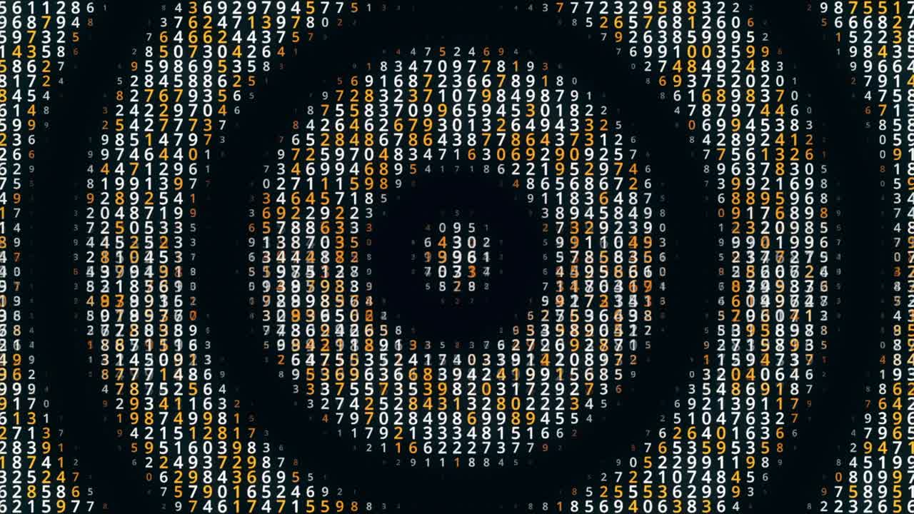 Technological background with rows of random numbers and black spreading circles one by one. Animation. Concept of digital data transmission, seamless loop