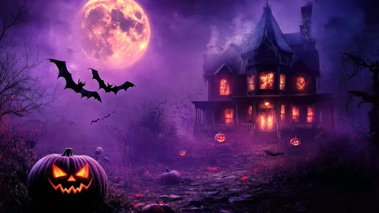 Spettrale scena di Halloween con vista dal basso di una casa stregata, zucche illuminate e pipistrelli volanti