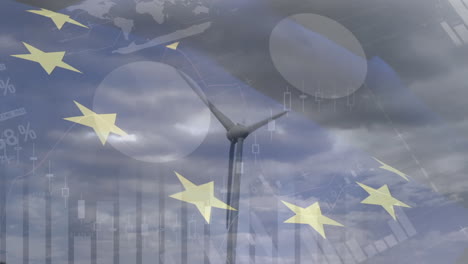 animation of flag of eu and data processing over wind turbine