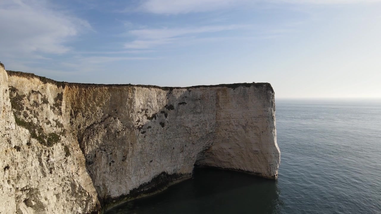 Old Harry Rocks cliff geologic chalk formation in Dorset county. England. Aerial pedestal down