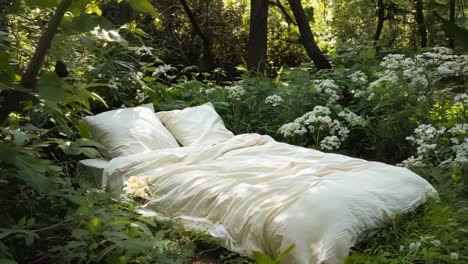 a bed in the middle of a lush green forest