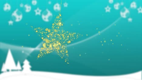 animación de oro estrella de navidad bauble balanceándose sobre el cielo azul y el paisaje blanco de invierno