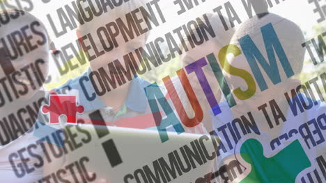 animation of colourful puzzle pieces and autism text over children using tablet