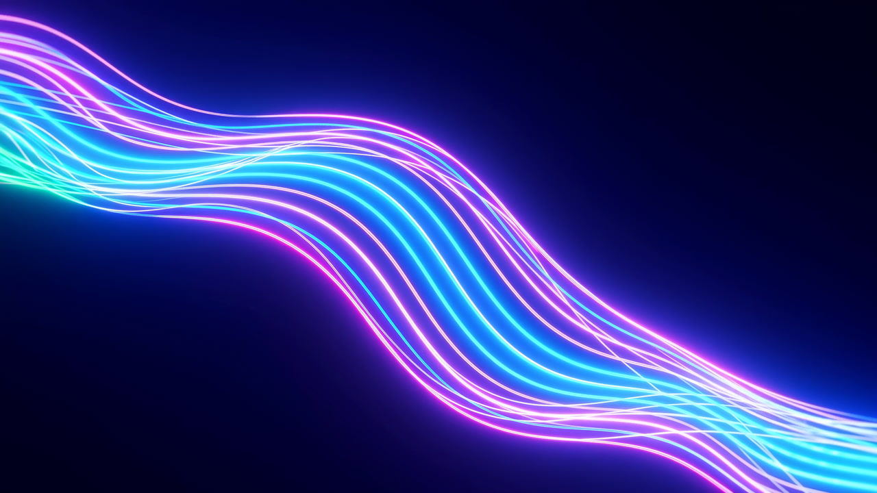 Neon Flowing Light Ribbons In Smooth Wave Motion Across Dark Stage, Glowing Cyan And Magenta Bands
